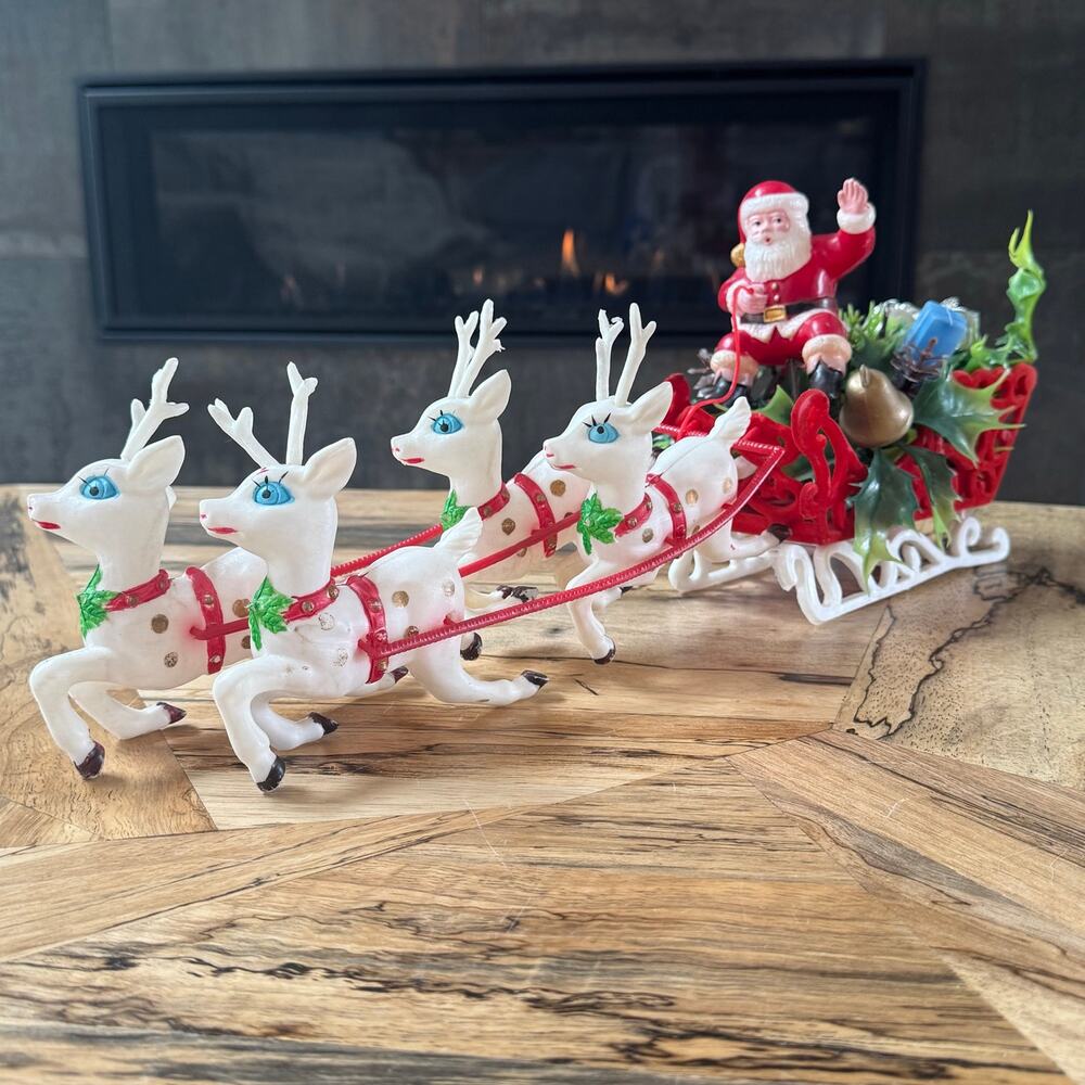 Vtg 19" Mid Century Plastic Santa Sleigh Reindeer Centerpiece NOEL 1950s Kitsch